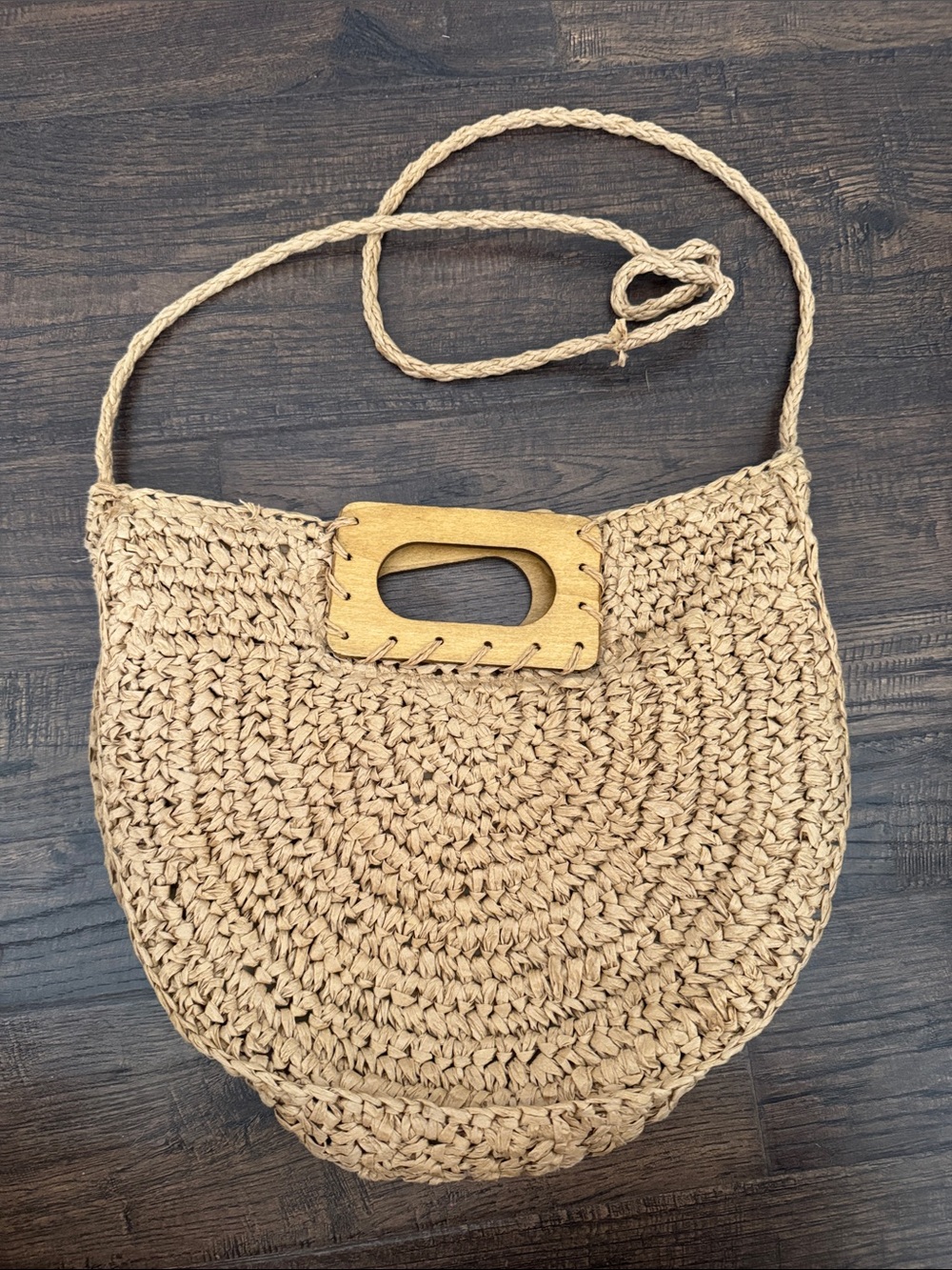 Woven Straw Crossbody Bag with Wooden Handle - Natural